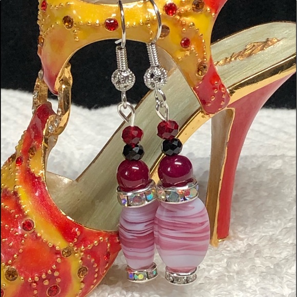 Glass and pink agate earrings in silver accents, burgundy hues - Picture 3 of 9
